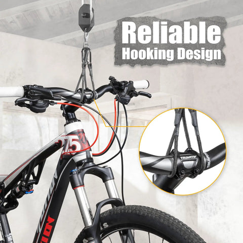 Ceiling Mounted Bike Hoist Rack For Garage Storage, Safe And Easy Lifting With Automatic Locking Brake holding mountain bike.