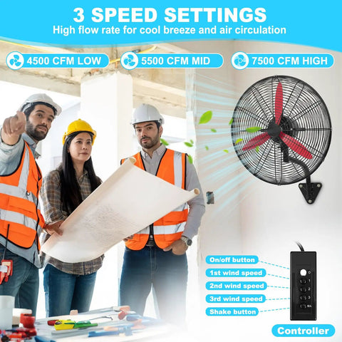 Heavy Duty 22 Inch Wall Mount Oscillating Fan With Rock Solid Three Speed Controls And Badass 7500 CFM Cooling Power Featuring Glossy Red Aluminum Blades For Garage Shops And Warehouses mounted on wall with crew discussing plans.