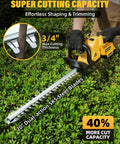 Cordless Electric Hedge Trimmer with 20V Max Battery Compatibility used on green bush, showcasing 20-inch blade and 3/4 inch cut.
