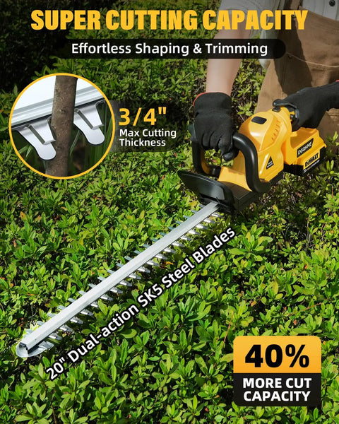 Cordless Electric Hedge Trimmer with 20V Max Battery Compatibility used on green bush, showcasing 20-inch blade and 3/4 inch cut.