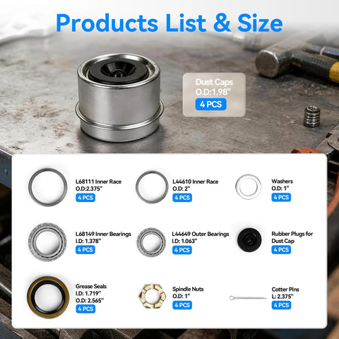 4 Sets 1.98 Inch Trailer Axle Hub Bearing Kit For 3500 Lb Trailers With L68149 L44649 Bearings Dust Cap 171255TB Details