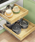 Heavy Duty Wood Cabinet Pullout Organizer With Super Slick Soft Close Glide Rollout Drawer For Pots And Pans Kitchen Storage Rack in use, showing cookware.