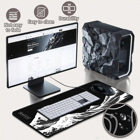 Gaming Mouse Pad Desk Mat For Keyboard And Mouse Large Kanagawa Wave Design With Non Slip Rubber Base Ultra Smooth Fabric Surface Precision Edge Stitching Big Desk Pad For Gaming Office And Home 31.5 By 11.8 Inches