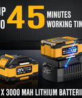 Cordless Leaf Blower And Hedge Trimmer Combo with 2 3.0Ah Batteries and Fast Charger showing 45 minutes working time