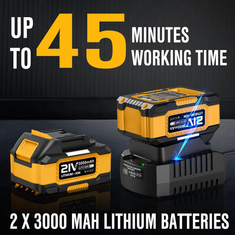 Cordless Leaf Blower 21V Handheld With Dual 3.0Ah Batteries And Fast Charger showing dual battery charging setup