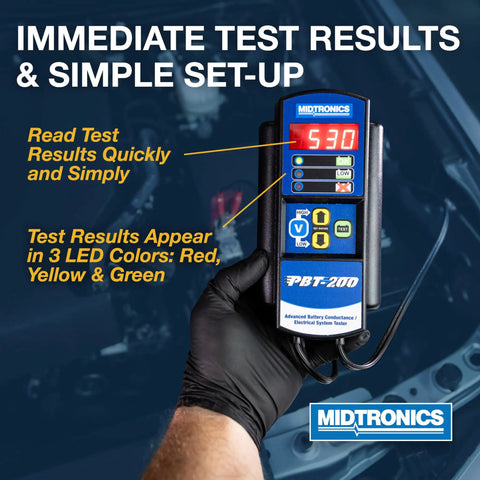 Hand holding 12V Advanced Automotive Battery Diagnostic Tool With Conductance Testing, PBT-200 tester with display