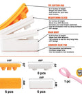 Diagram of Six Piece Toilet Seat Bumper Set with Height Adjusters, Lifter Handle, and Adhesive Glue Pad, Light Orange, Waterproof ABS.
