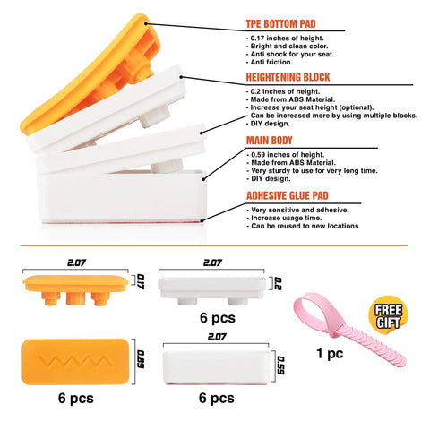Diagram of Six Piece Toilet Seat Bumper Set with Height Adjusters, Lifter Handle, and Adhesive Glue Pad, Light Orange, Waterproof ABS.