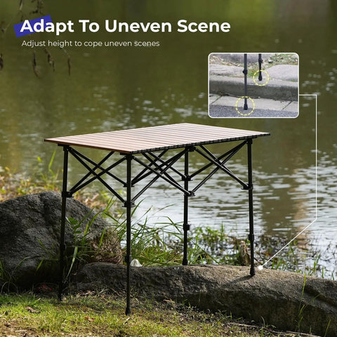 Foldable Aluminum Camping Table With Carry Bag Ultralight Roll Up Design Adjustable Height Indoor Outdoor Use Sturdy Easy Set Up For Camping Picnics Backyard BBQ Patio Wood Grain Finish