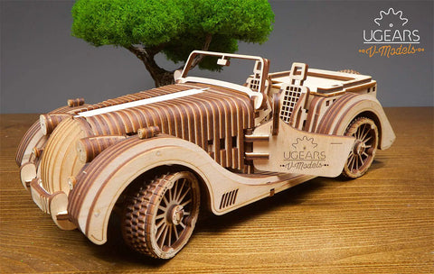Roadster 3D Wooden Car Kit For Adults, DIY Mechanical Model With Transmission, Plywood Build, Real Working Gear System, Hands-On STEM Toy, Perfect Gift For Car Enthusiasts And Builders, Vintage Style Craft Project, side view
