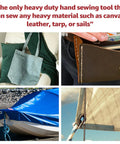 Product collage showing heavy duty sewing on canvas, leather wallet, boat cover, and sail with a Deluxe DIY Sewing Awl Kit.