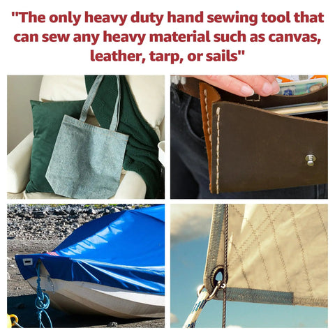 Product collage showing heavy duty sewing on canvas, leather wallet, boat cover, and sail with a Deluxe DIY Sewing Awl Kit.