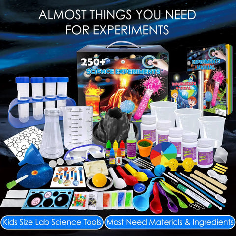 250 Plus Science Experiments Kit For Kids, Chemistry Set And STEM Projects, Volcano Scientist Kit displayed with tools and manual