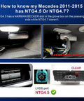 Comparison of NTG 4.5 and NTG 4.7 system slots in Mercedes-Benz 2011-2015 models with visual indicators of compatibility.