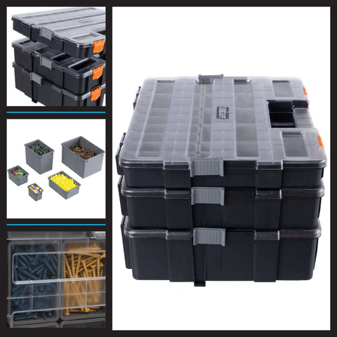Three In One Portable Tool Box Organizer With Fifty Two Customizable Compartments For Hardware Craft Supplies Beads And Small Parts Grab And Go Three Tier Storage Case For Home Garage And Workshop showing stacked interlocking trays with clear lids and compartments