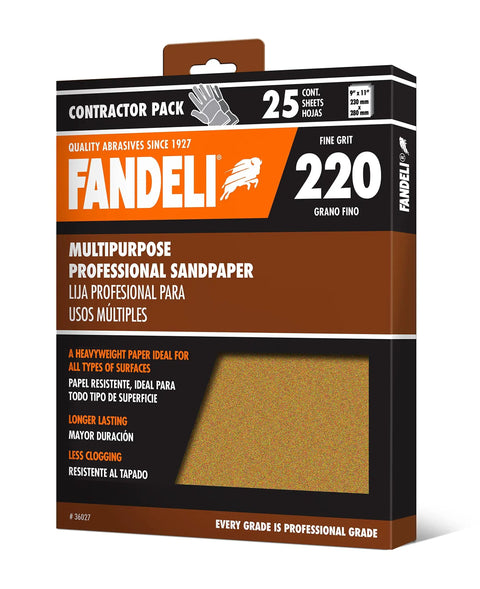 220 Grit Multipurpose Sandpaper Sheets for Woodworking and Drywall, 9 in by 11 in, 25 Sheets, packaging view