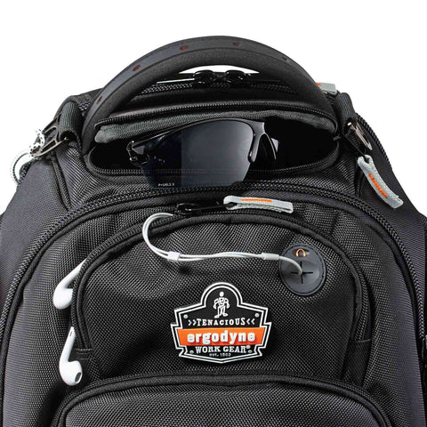 Tough 1200D Ballistic Polyester Laptop Backpack with water resistant backing, showing crush proof eyewear pocket in top compartment.