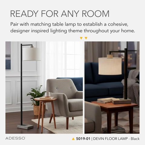 Black Floor Lamp With White Fabric Drum Shade, Three Way Dimmer, 60.75 Inch Tall Standing Light in living room setting