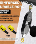 Rope Hoist Pulley System 4400 Lb Pulley Block And Tackle With 8 To 1 Ratio Lifting Power Includes Two Straps, durable rope shown