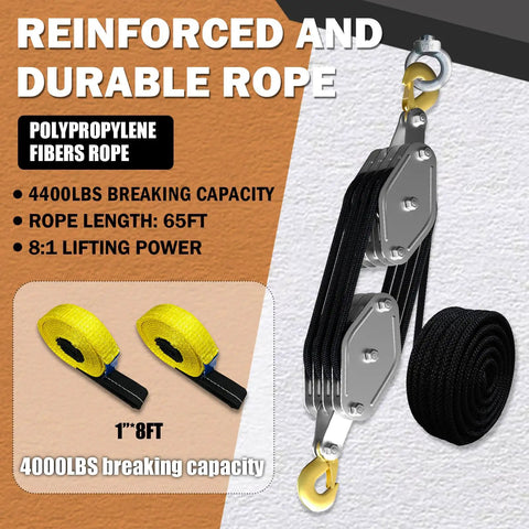 Rope Hoist Pulley System 4400 Lb Pulley Block And Tackle With 8 To 1 Ratio Lifting Power Includes Two Straps, durable rope shown