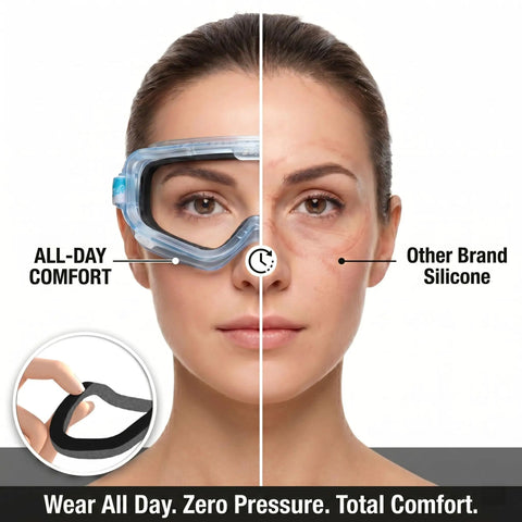Killer Clarity Anti Fog Safety Goggles Over Glasses With Scratch Resistant Panoramic Shield and Spare Pairs Dual Foam Seal ANSI Z87.1 Certified for Hard Labor and Home Shop Builds worn for all-day comfort on a model's face.