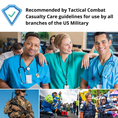 First Aid Advanced Quick Clot Combat Gauze product image with medical staff in blue scrubs and casualty care banner.