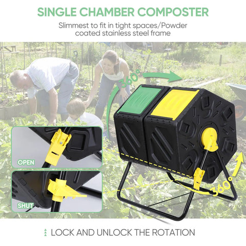 37 Gallon Garden Compost Tumbler With 360 Degree Rotation Dual Bin System with stainless steel frame in garden setting