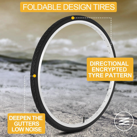 Foldable design of Set Of 2 24x1 3/8 Wheelchair Tires And Tubes For 21 Inch Rims showing directional tread for low noise on road.