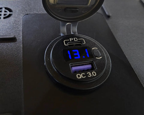 Close-up of built-in voltmeter and dual USB ports on Heavy Duty Bulletproof U1 Marine Battery Box For Trolling Motors And Lithium Batteries With Dual Usb Charging Ports Built In Voltmeter Tough As Nails Storage Rack.