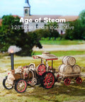 1:28 scale Electric Vintage Steam Engine 3D Puzzle Kit for Adults displayed outdoors, showcasing barrels and chimney smoke effect.