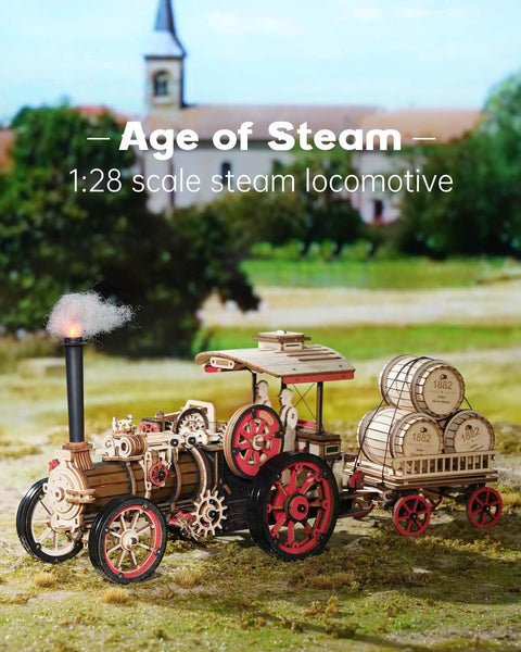 1:28 scale Electric Vintage Steam Engine 3D Puzzle Kit for Adults displayed outdoors, showcasing barrels and chimney smoke effect.