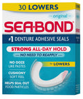 Original Flavor Denture Adhesive Seal For Lower Dentures, Zinc Free, All Day Hold, Mess Free, 30 Count Pack, box front