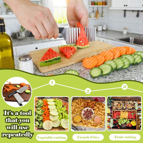 FANTEXY stainless steel crinkle cutter with wave blade slicing watermelon on a cutting board; vegetable and fruit prep