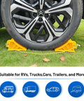 Heavy Duty Wheel Chocks For Rvs And Trailers under tire on grass, bright yellow with chain, designed for parking safety.