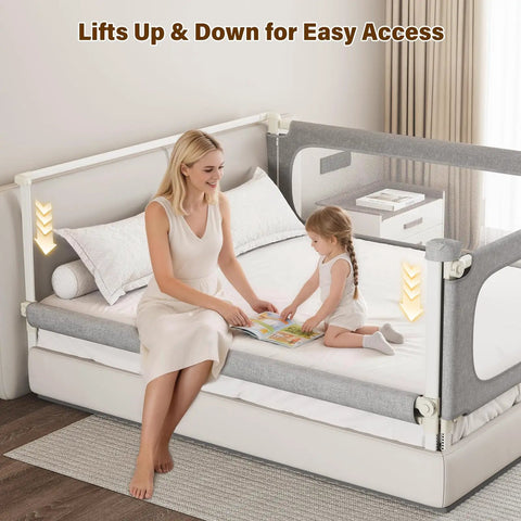 King Size Toddler Bed Rails 3-Piece Set with Corner Cushions, heavy-duty U-shaped base, shown in use preventing child from rolling out of bed