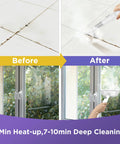 Before and after images showing results of Portable Handheld Steam Cleaner And Detail Steamer For Cars And Tile Floors.
