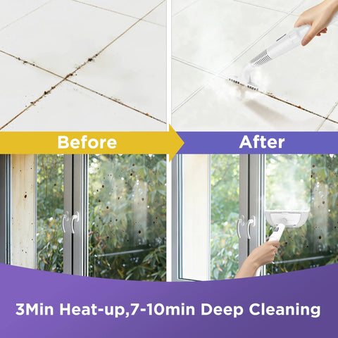 Before and after images showing results of Portable Handheld Steam Cleaner And Detail Steamer For Cars And Tile Floors.