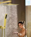 Woman enjoying water flow under Brushed Gold Shower System With 10 Inch Rain Head High Pressure Faucet Set All Metal Shower Fixture Complete Kit For Bathroom And Tub Includes 60 Inch Hose 16 Inch Arm Handheld Shower Holder And Solid Brass Mixer Valve