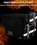 Fireproof File Box With Lock And Zipper Pockets showing reflective strips and black design for security in emergencies.