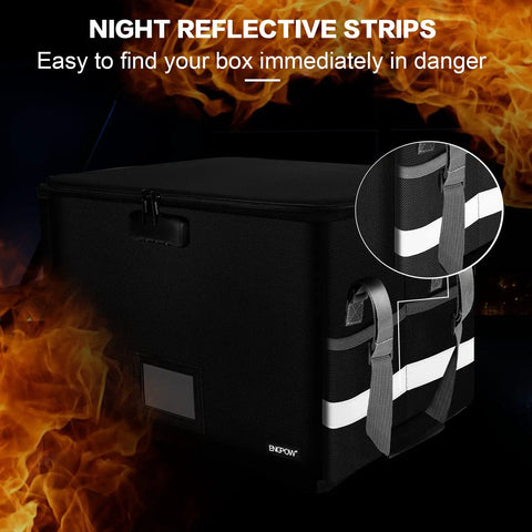 Fireproof File Box With Lock And Zipper Pockets showing reflective strips and black design for security in emergencies.