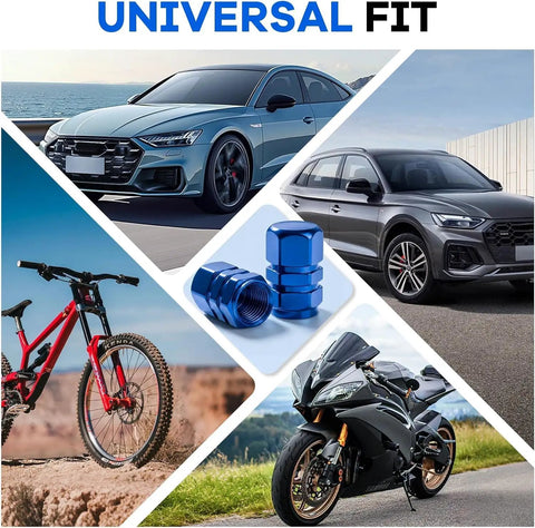 4 Piece Heavy Duty Aluminum Tire Valve Stem Caps For Tesla Cybertruck 2024 To 2026 shown on bikes and cars, universal fit, blue aluminum.