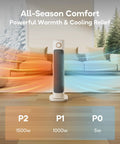 Instant Heat 1500W Infrared Tower Space Heater With Remote in living room, highlighting warm and cool air flow settings.