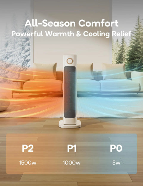 Instant Heat 1500W Infrared Tower Space Heater With Remote in living room, highlighting warm and cool air flow settings.