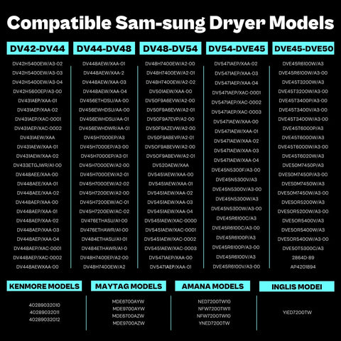 Chart of compatible Samsung, Kenmore, Maytag, Amana, and Inglis dryer models for DIY Friendly Heating Element Replacement Kit.