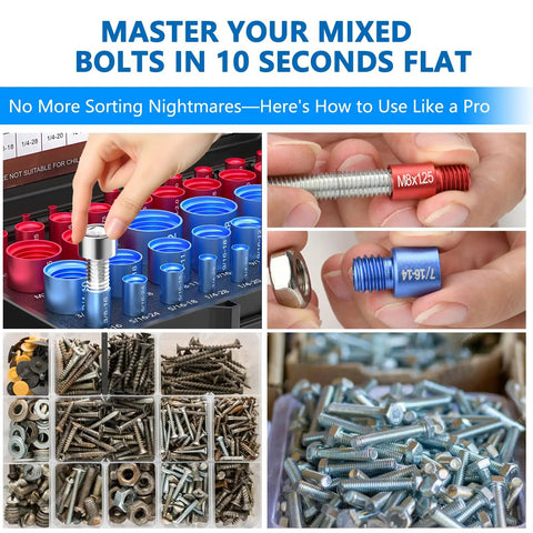 All In One 52 Piece Thread Checker Kit For Nuts And Bolts With 28 SAE And 24 Metric Gauges Quickly Identify Bolt Sizes And Threads Covers M2 To M20 And SAE Range For Fastener Fitting And Inspection displayed with bolts