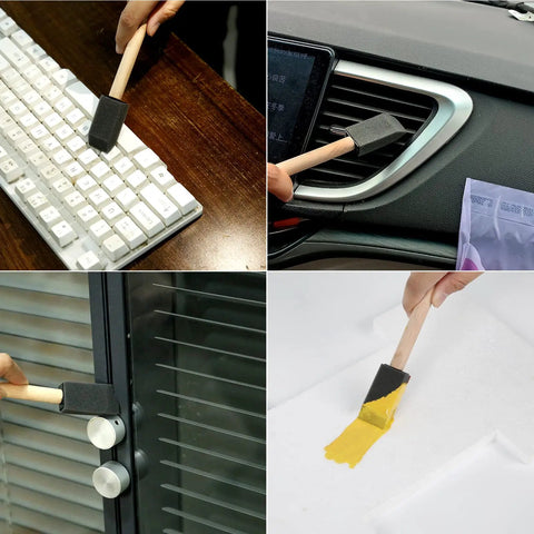 Kick Ass 1 Inch Foam Paint Brushes 12 Pack High Density Polyfoam Applicators For Mod Podge Wood Staining Wall Decor Awesome Household Cleanup Tasks Zero Hassle cleaning a keyboard, car vents, door handles, and applying yellow paint.