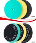Front and back view of 3 Piece Orbital Polishing Pads Set For Buffing And Waxing 5 Inch Hook And Loop Foam Buffer Pads in green, yellow, black