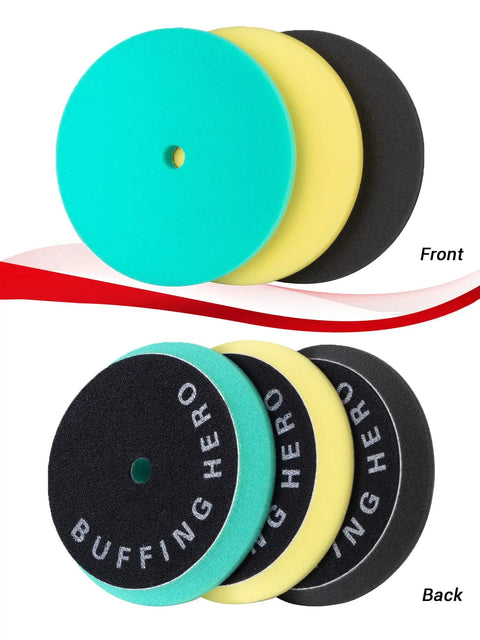 Front and back view of 3 Piece Orbital Polishing Pads Set For Buffing And Waxing 5 Inch Hook And Loop Foam Buffer Pads in green, yellow, black