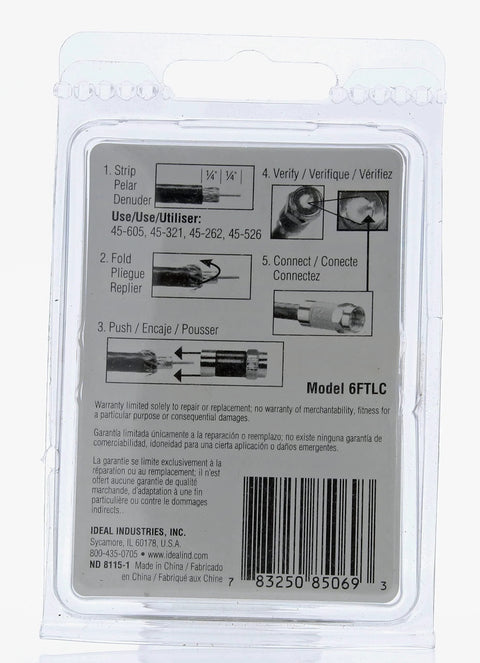 IDEAL Industries nickel push-on F-connectors, 4-pack; back-of-pack with install diagrams, Model 6FTLC, barcode.