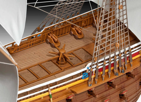 Detailed deck view of Vasa 1628 Ship Model Kit 05414, 330 Piece Historical Wooden Craft Set For Builders with cannons and rigging.